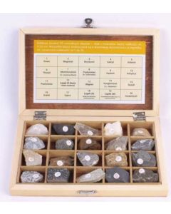Kolekcja 20 skał i minerałów w skrzynce drewnianej