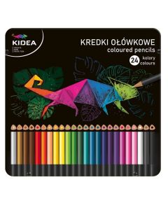 Kredki ołówkowe trójkątne w metalowym pudełku 24 kolory Kidea