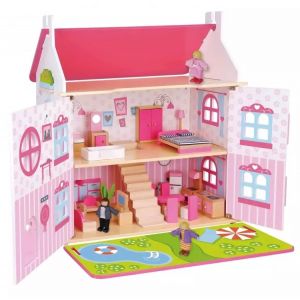 Dwupiętrowy drewniany domek dla lalek TKI057 Tooky Toy