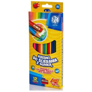 Kredki ołówkowe do ścierania z gumką 12 kolorów + temperówka Astra