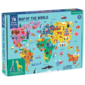 Puzzle Mapa Świata z elementami w kształcie budynków i zwierząt MP60846 Mudpuppy